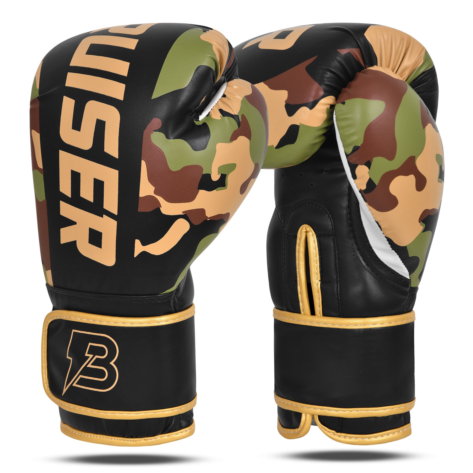 Par de guantes de boxeo de piel sintética, de camuflaje con detalles negros y dorados, "Bruiser" escrito en el centro escrito en letras doradas, para muay thai, kick boxing y entrenamiento de contacto. Imagen frontal.