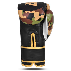 Guantes de boxeo de piel sintética, estilo camuflaje con detalles negros y dorados, interior negro, abertura transpirable en palma, para muay thai, kick boxing y entrenamiento de contacto. Imagen interior.
