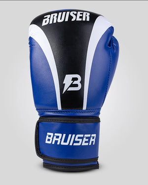 Guantes de boxeo de piel sintética, azules y negros con detalles blancos y logo central, para muay thai, kick boxing y trabajo de saco y manoplas. Imagen frontal.