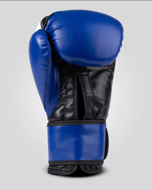 Guantes de boxeo de piel sintética, azules y negros, abertura transpirable en palma, para muay thai, kick boxing y trabajo de saco y manoplas. Imagen interior.