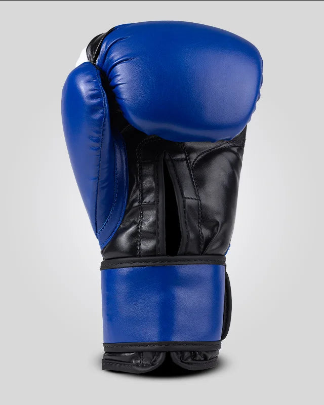 Guantes de boxeo de piel sintética, azules y negros, abertura transpirable en palma, para muay thai, kick boxing y trabajo de saco y manoplas. Imagen interior.
