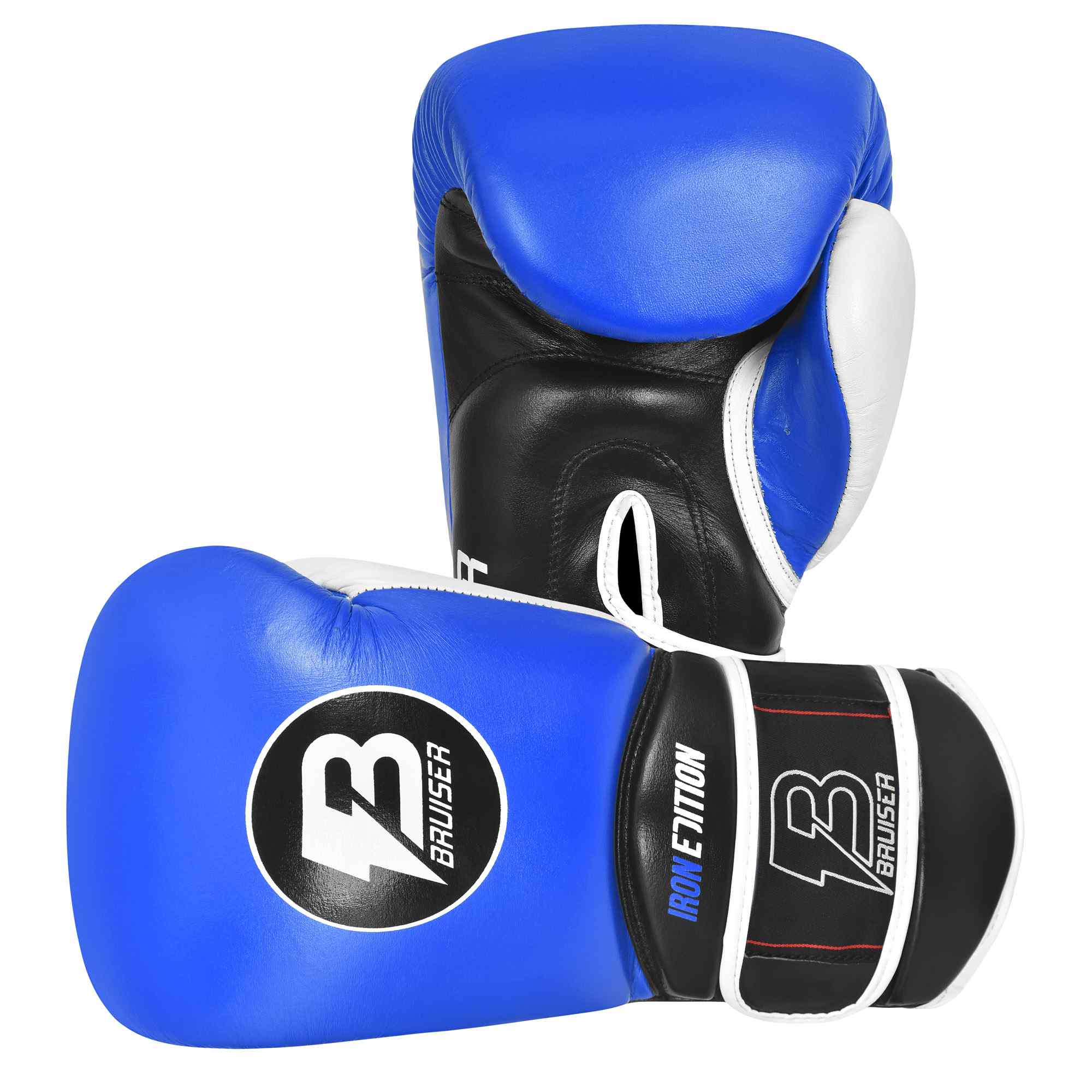 Guantes Bruiser color azul y negro con detalles blancos. Uno estirado y otro de pie. Palma negra,  "Iron Edition" escrito en la parte inferior. Hechos de piel para entrenamiento diario de alto nivel. 