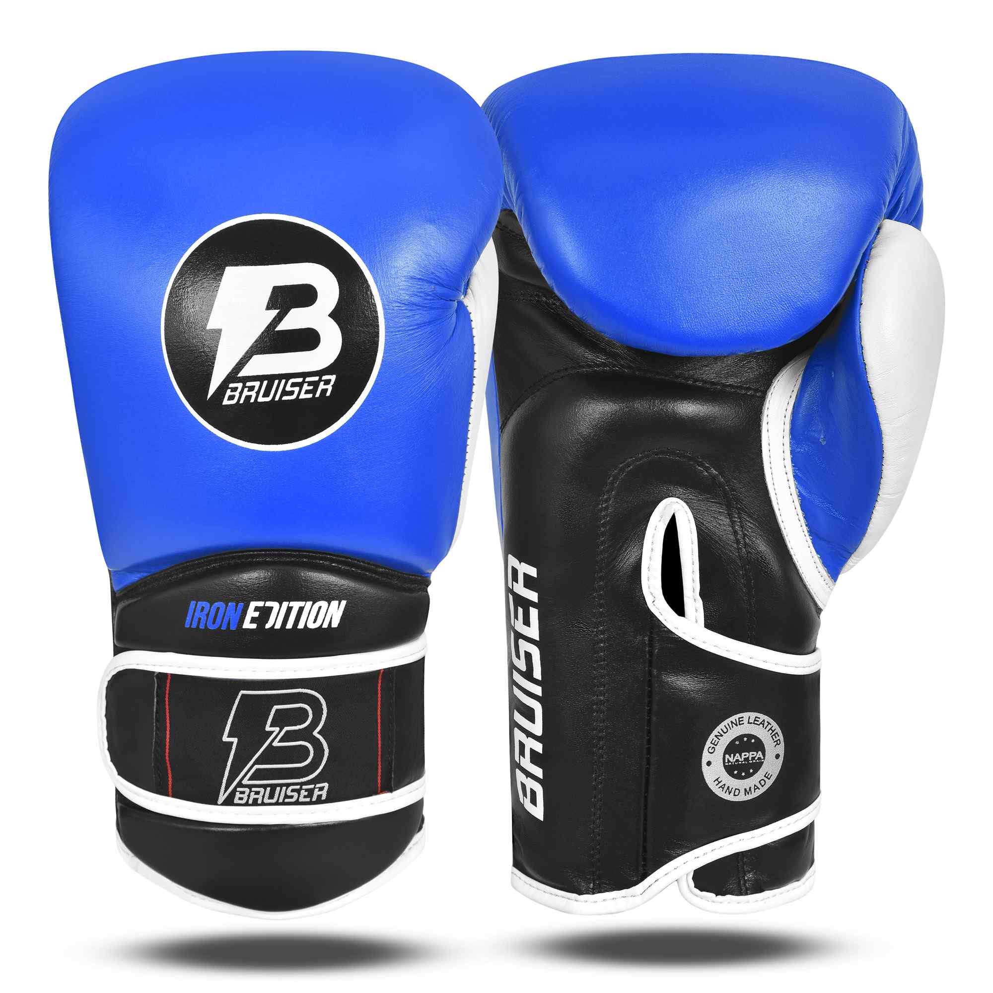 Guantes Bruiser por delante y por detrás color azul y negro con detalles blancos. Logo Bruiser en el centro, palma negra, escrito "Iron Edition" en la parte inferior. Hechos de piel para entrenamiento diario de alto nivel. 