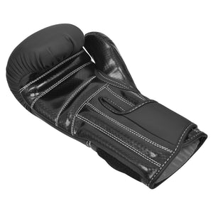 Guante de boxeo "Bruiser" color negro hecho de polipiel de alta calidad estiradio. Palma de guante negra. Ajuste velcro seguro. Foto frontal.