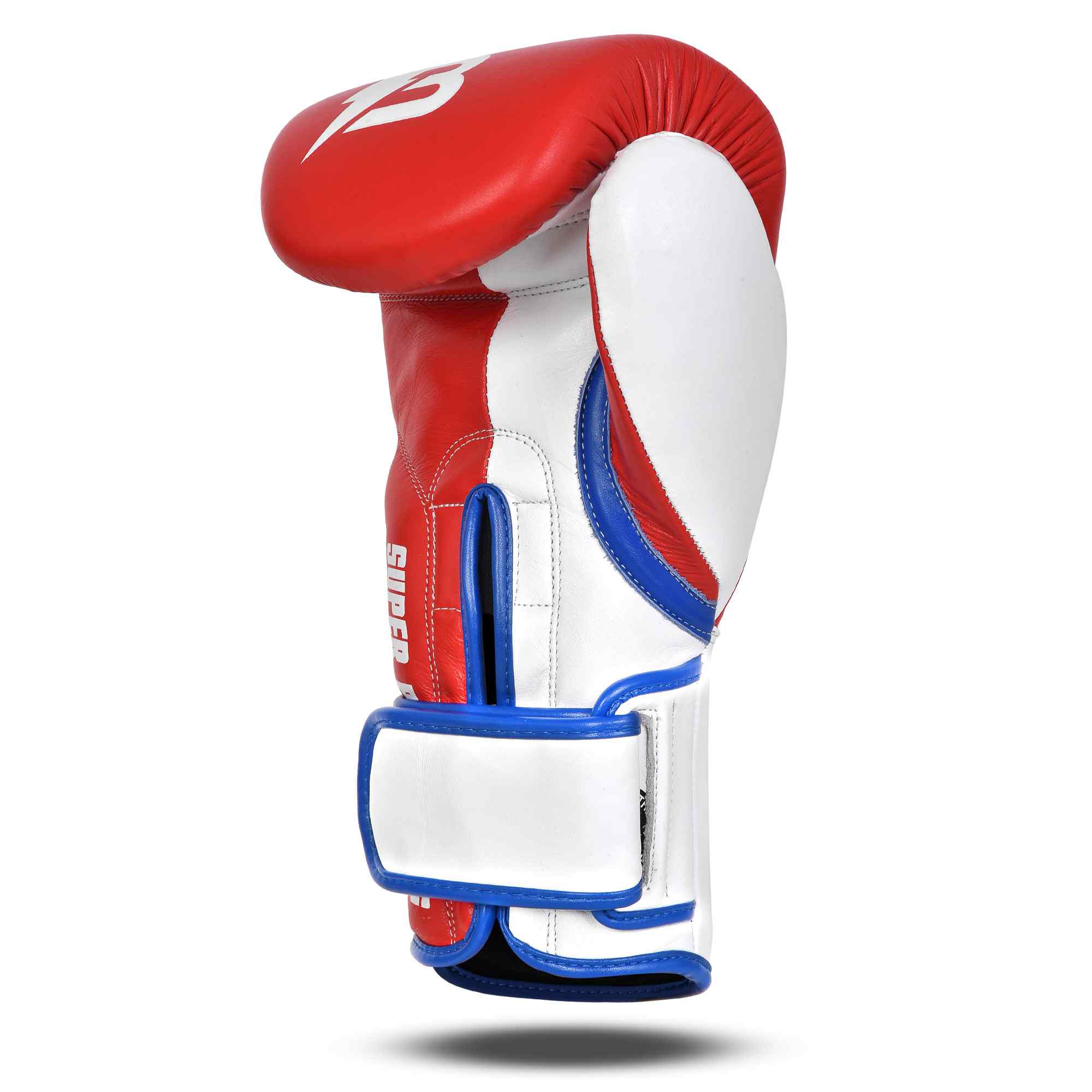 Palma de Guante de boxeo BRUISER color rojo y blanco con detalles azules. Hechos de piel de vaca con acolchado denso. Cierre velcro seguro. Para entrenamientos en saco, manoplas, sparring, profesional o amateur. Imagen frontal.