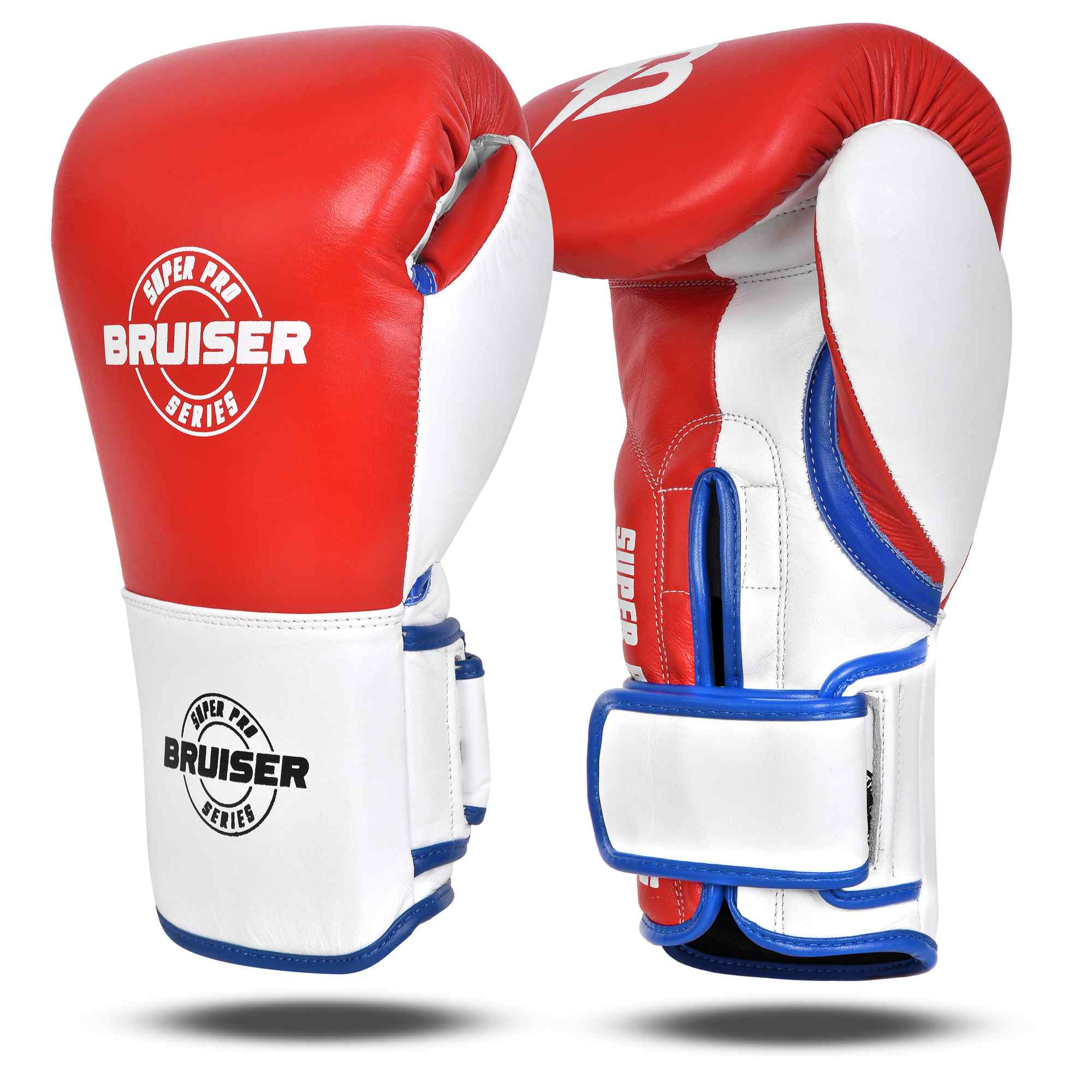 Guantes de boxeo BRUISER color rojo y blanco con detalle azules. Logo Bruiser en el centro. Hechos de piel de vaca con acolchado denso. Cierre velcro seguro. Para entrenamientos en saco, manoplas, sparring, profesional o amateur. Imagen frontal.