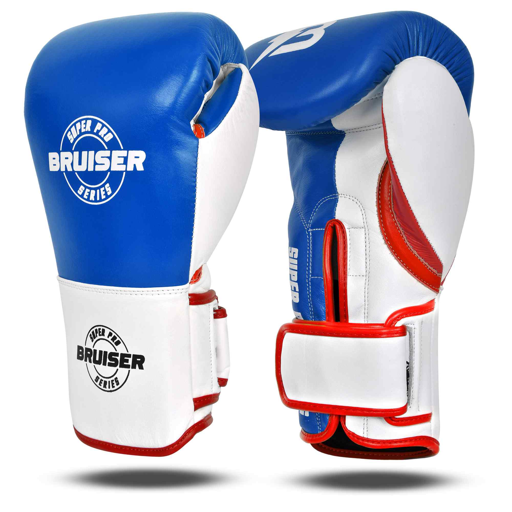 Guantes de boxeo BRUISER color azul y blanco con detalle rojos. Logo Bruiser en el centro. Hechos de piel de vaca con acolchado denso. Cierre velcro seguro. Para entrenamientos en saco, manoplas, sparring, profesional o amateur. Imagen frontal.