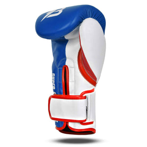 Palma de Guante de boxeo BRUISER color azul y blanco con detalle rojos.  Hechos de piel de vaca con acolchado denso. Cierre velcro seguro. Para entrenamientos en saco, manoplas, sparring, profesional o amateur. Imagen frontal.