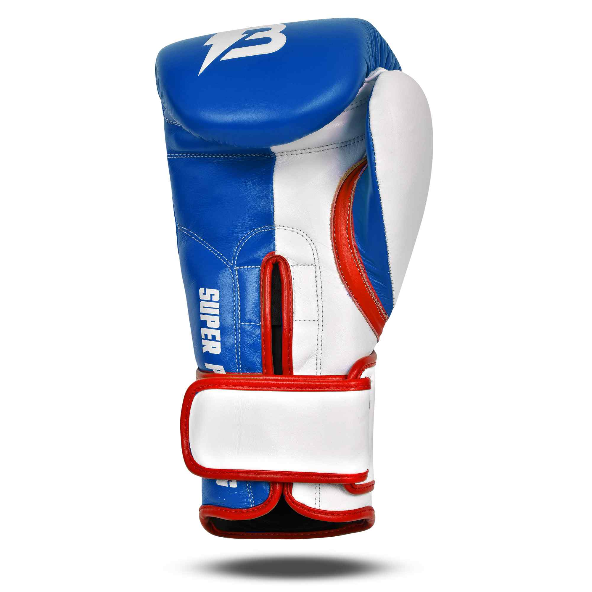 Palma de Guante de boxeo BRUISER color azul y blanco con detalle rojos.  Hechos de piel de vaca con acolchado denso. Cierre velcro seguro. Para entrenamientos en saco, manoplas, sparring, profesional o amateur. Imagen frontal.