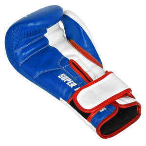 Palma de Guante de boxeo BRUISER estirada, color azul y blanco con detalle rojos.  Hechos de piel de vaca con acolchado denso. Cierre velcro seguro. Para entrenamientos en saco, manoplas, sparring, profesional o amateur. Imagen frontal.