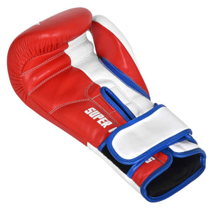Palma de Guante de boxeo BRUISER estirada, color rojo y blanco con detalles azules. Hechos de piel de vaca con acolchado denso. Cierre velcro seguro. Para entrenamientos en saco, manoplas, sparring, profesional o amateur. Imagen frontal.