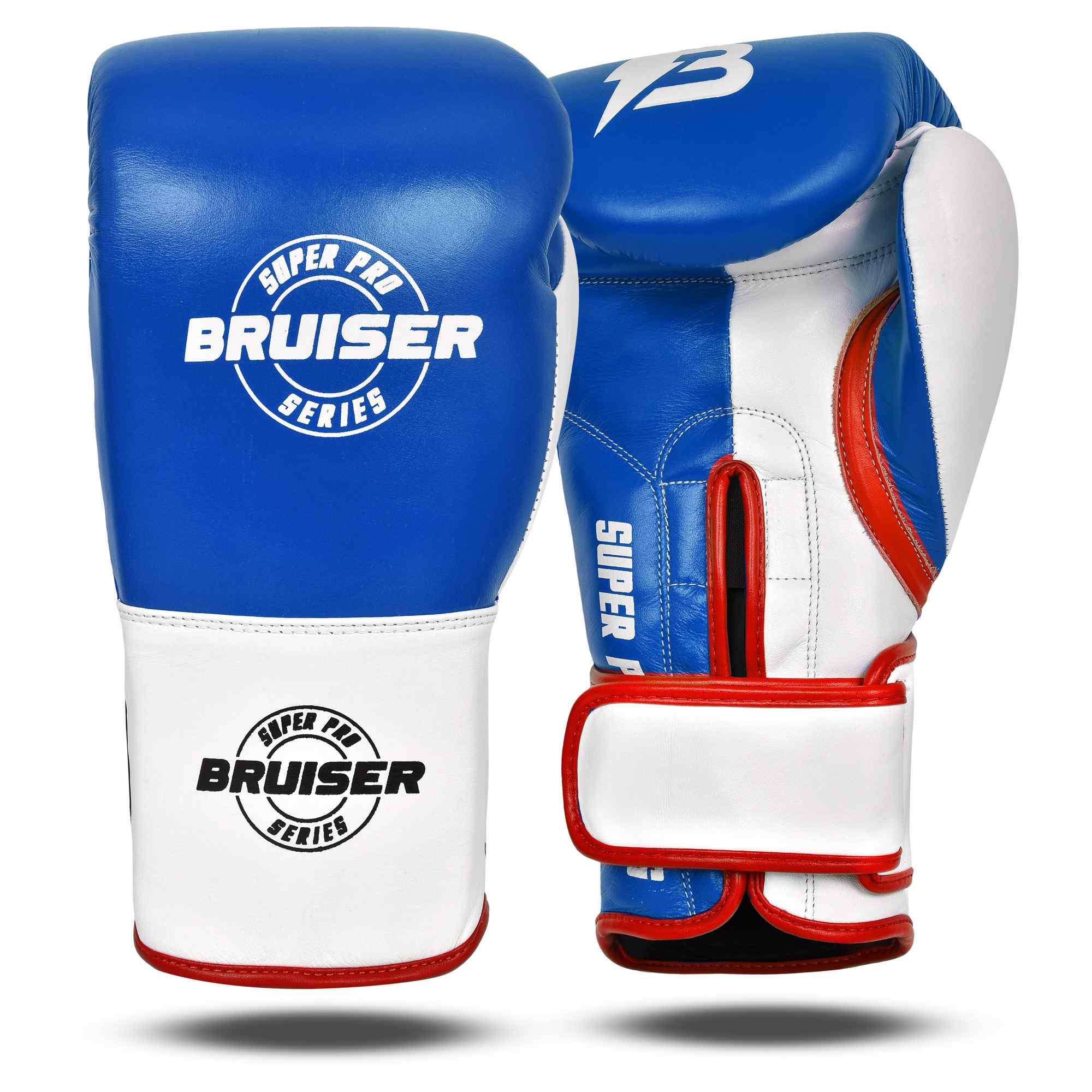 Guantes de boxeo BRUISER por delante y por detrás, color azul y blanco con detalle rojos.  Hechos de piel de vaca con acolchado denso. Cierre velcro seguro. Para entrenamientos en saco, manoplas, sparring, profesional o amateur. Imagen frontal.