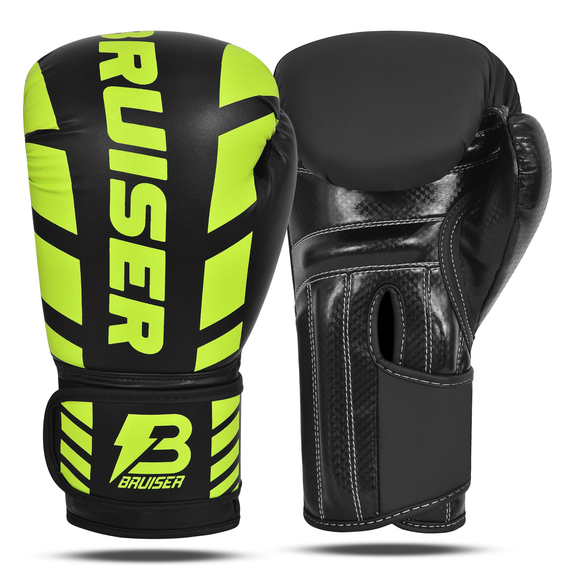 Par de guantes de boxeo negros y verdes diseño moderno,"Bruiser" escrito en verde en el centro, guantes de pie por delante y por detrás. Cierre de velcro firme. Imagen frontal. 