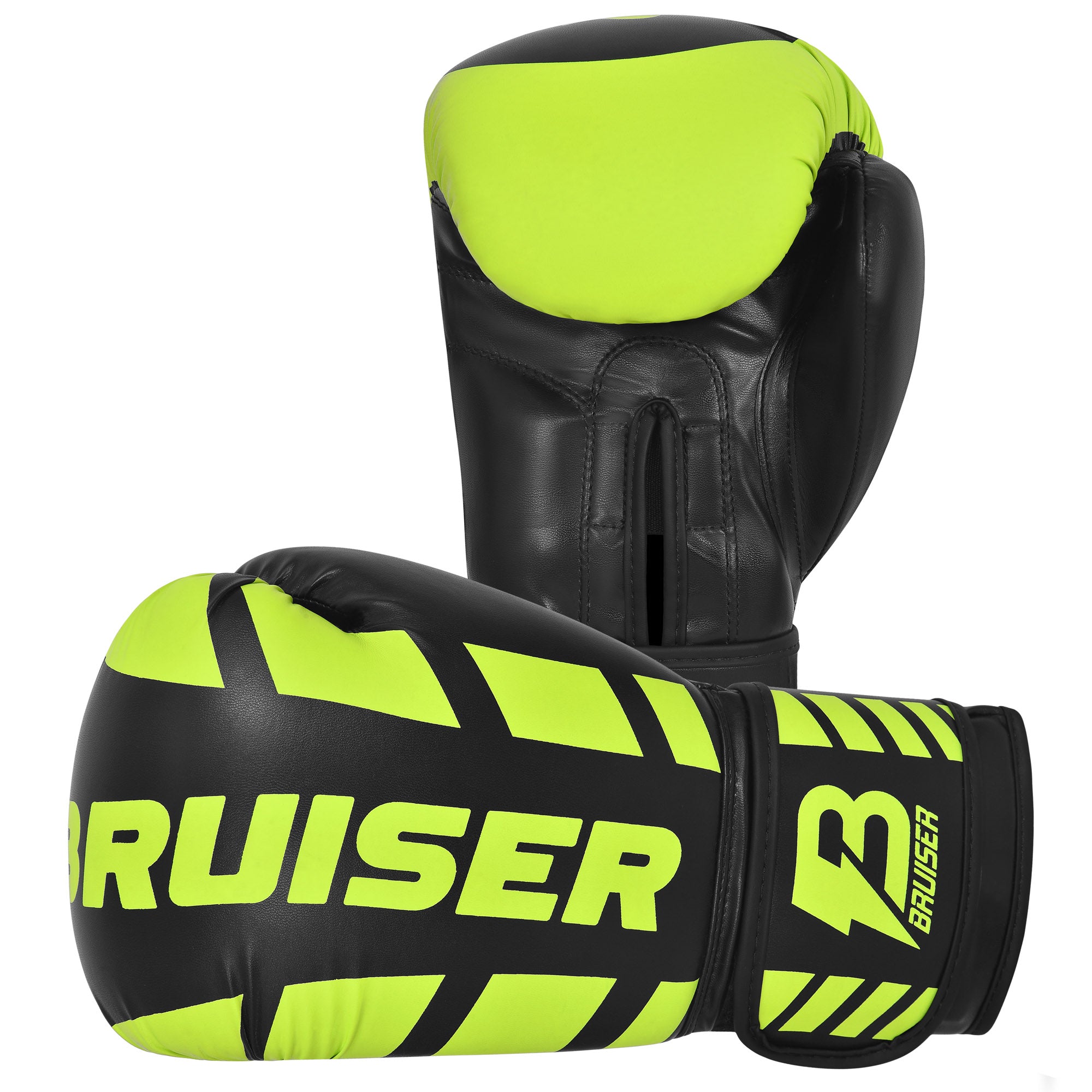 Par de guantes de boxeo negros y verdes diseño moderno,"Bruiser" escrito en verde en el centro, guante de pie y guante estirado horizontal. Cierre de velcro firme. Imagen frontal. 
