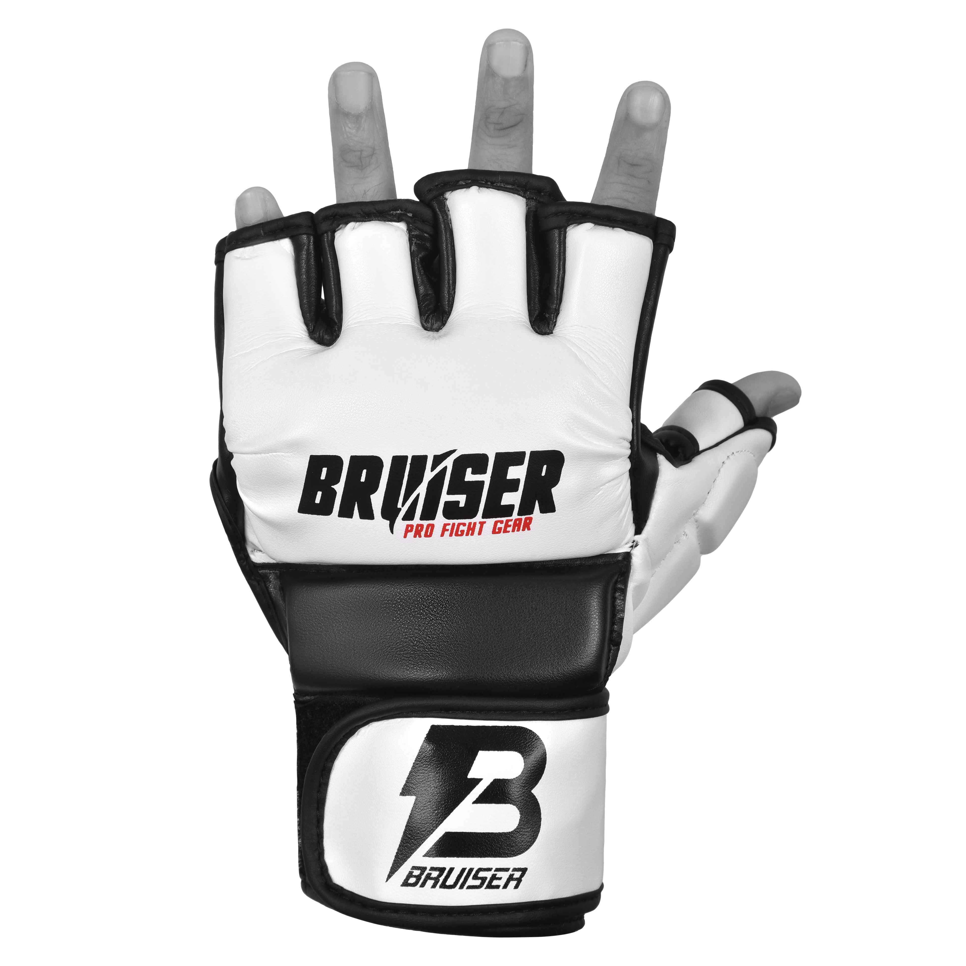 Guante de MMA Bruiser color negro y blanco. Logo Bruiser en el centro. Hecha de polipiel de alta calidad con acolchado protector. Velcro ajustable. Imagen frontal. 