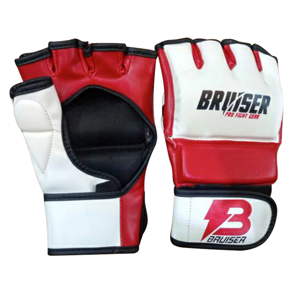 Guantes de MMA Bruiser por delante y por detrás color rojo y blanco. Logo Bruiser en el centro. Hechas de polipiel de alta calidad con acolchado protector. Velcro ajustable. Imagen frontal. 