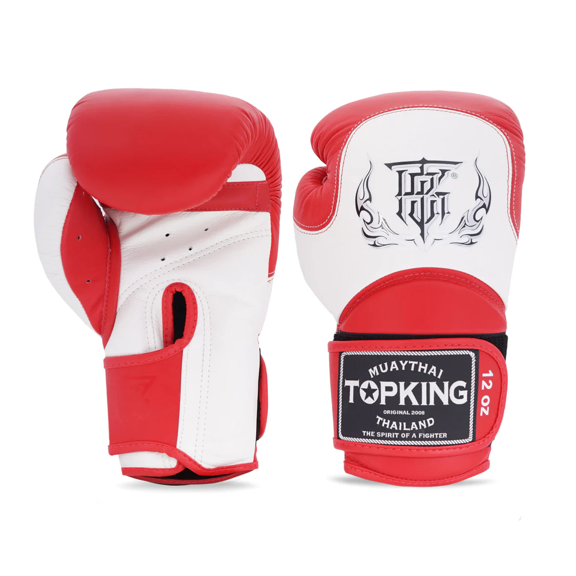 Guantes de boxeo Top King color rojo con detalles blancos por delante y por detrás. Logo en el centro. Hechos de piel con espuma de varias capas. Correa Velcro alrededor de al muñeca y ventilación "climacool". 