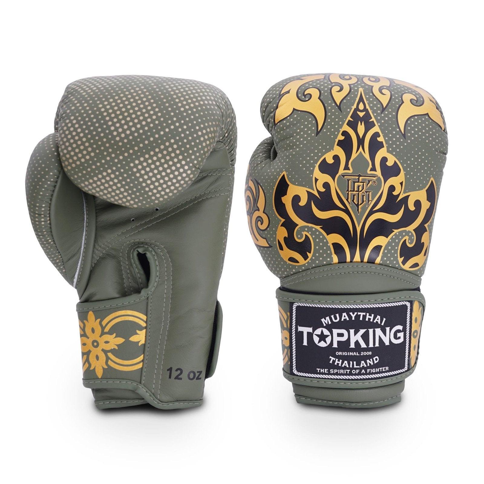 Guantes de boxeo Top King Kanok color verde y dorado con detalles negros. Hechos de cuero con muñequera acolchada. Velcro tipo gancho ajuste seguro. Imagen frontal. 