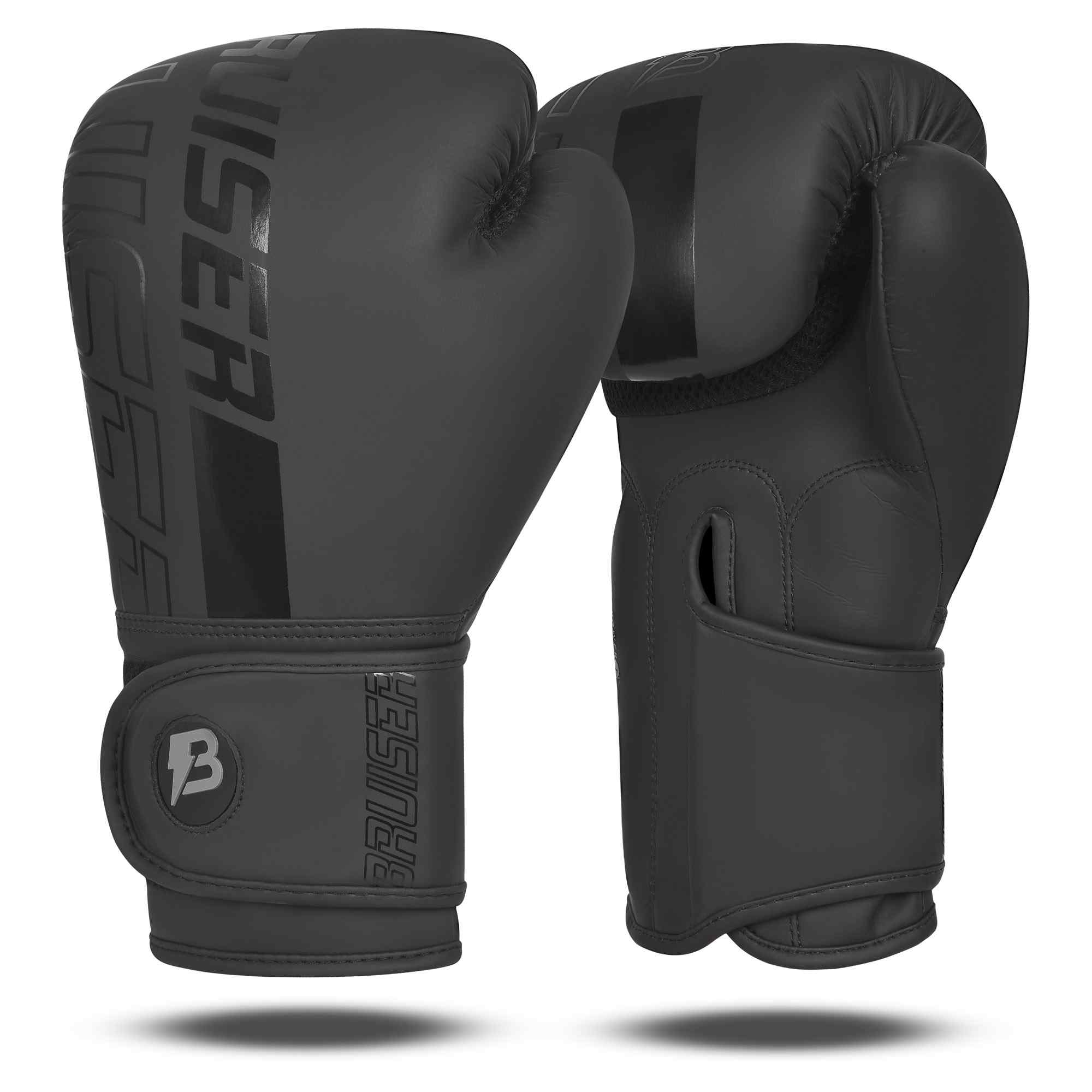 Guantes marca Bruiser color negro. Logo en vertical en el centro. Hechos de polipiel con acolchado absorbente. Imagen frontal. 