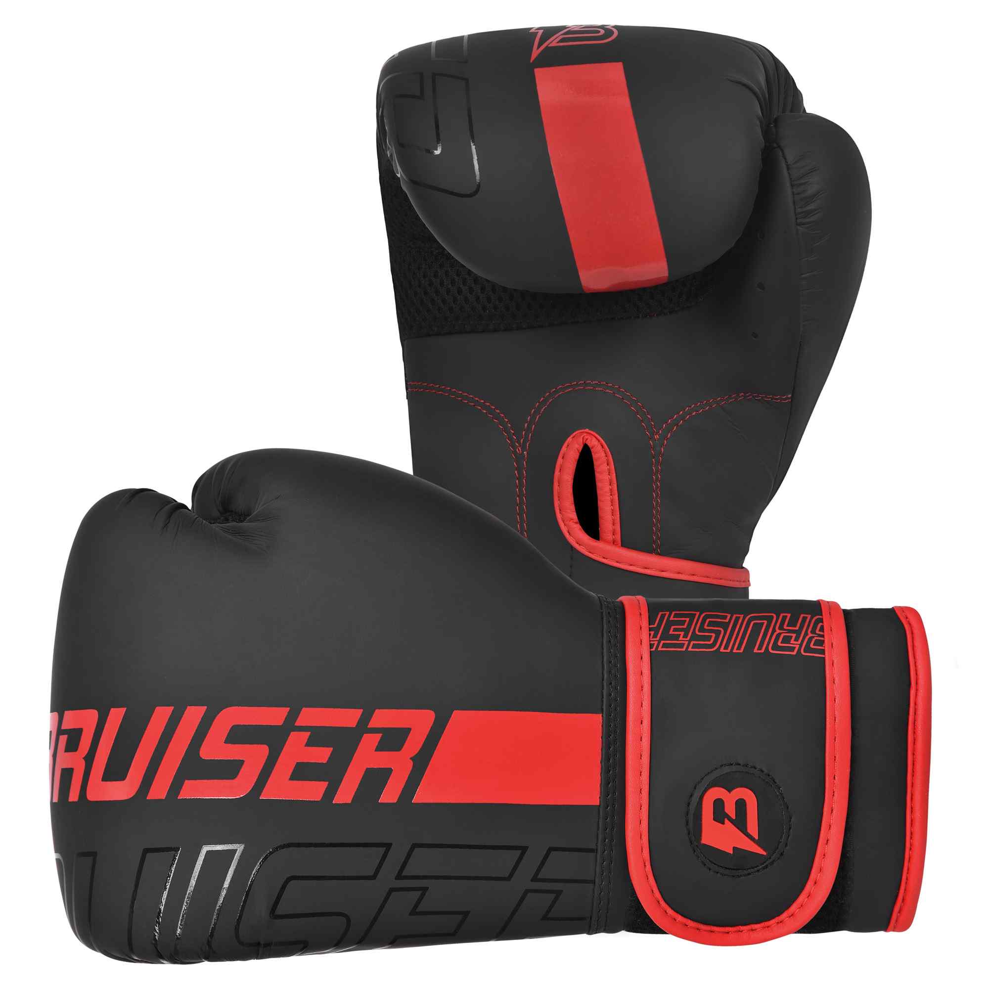 Guantes marca Bruiser de pie y estirado color negro y rojo. Logo en vertical en el centro. Hechos de polipiel con acolchado absorbente. Imagen frontal. 