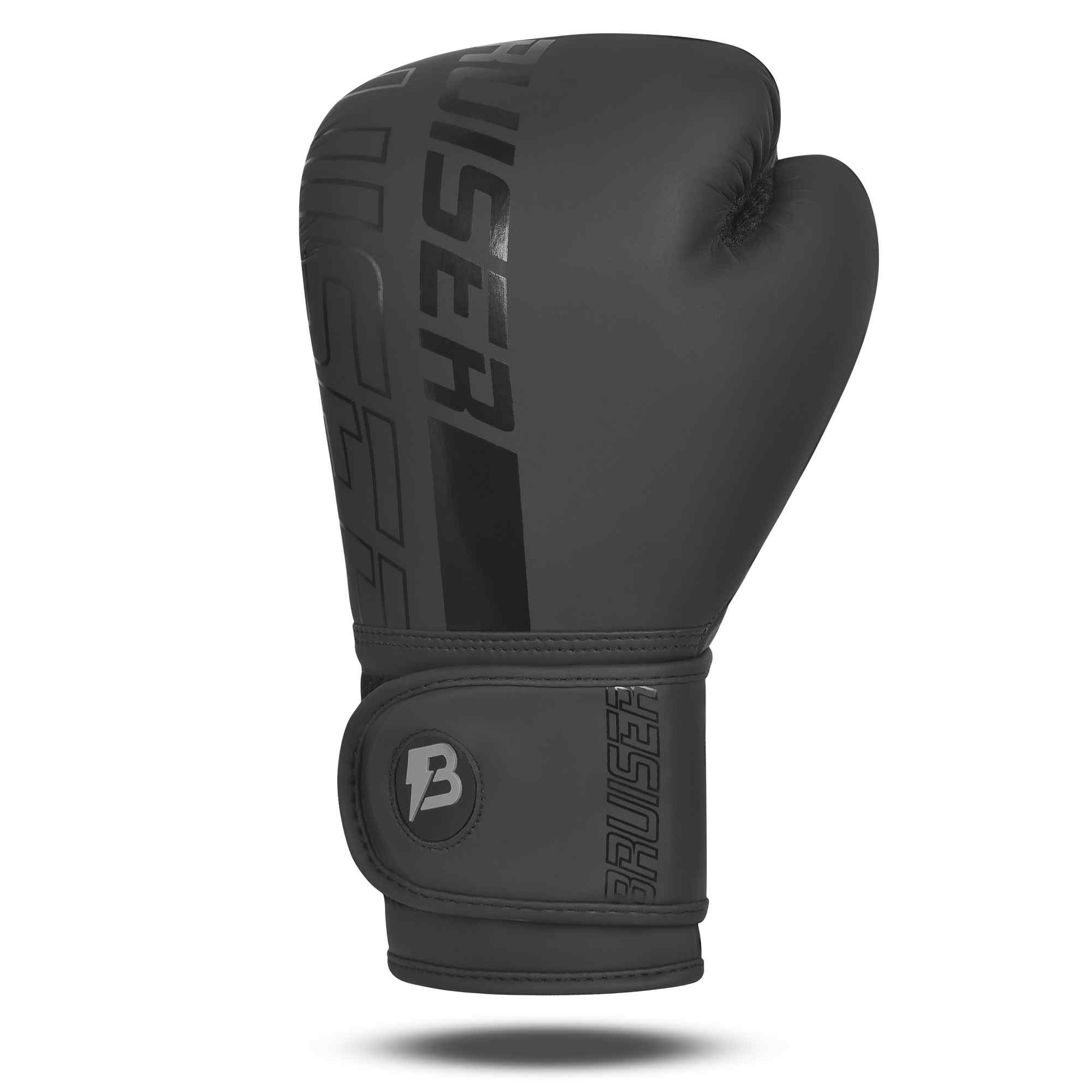 Guantes marca Bruiser color negro. Logo en vertical en el centro.    Hecho de polipiel con acolchado absorbente. Imagen frontal. 
