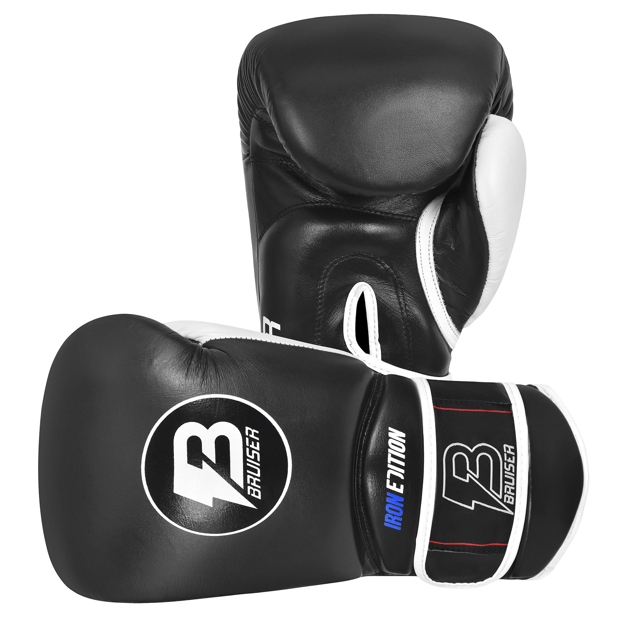 Guantes de boxeo marca Bruiser de pie y estirado color negro. Logo Bruiser en el centro. Hecho de piel de vaca con relleno promolded. Manguito curvo. Para entrenamiento diario. 