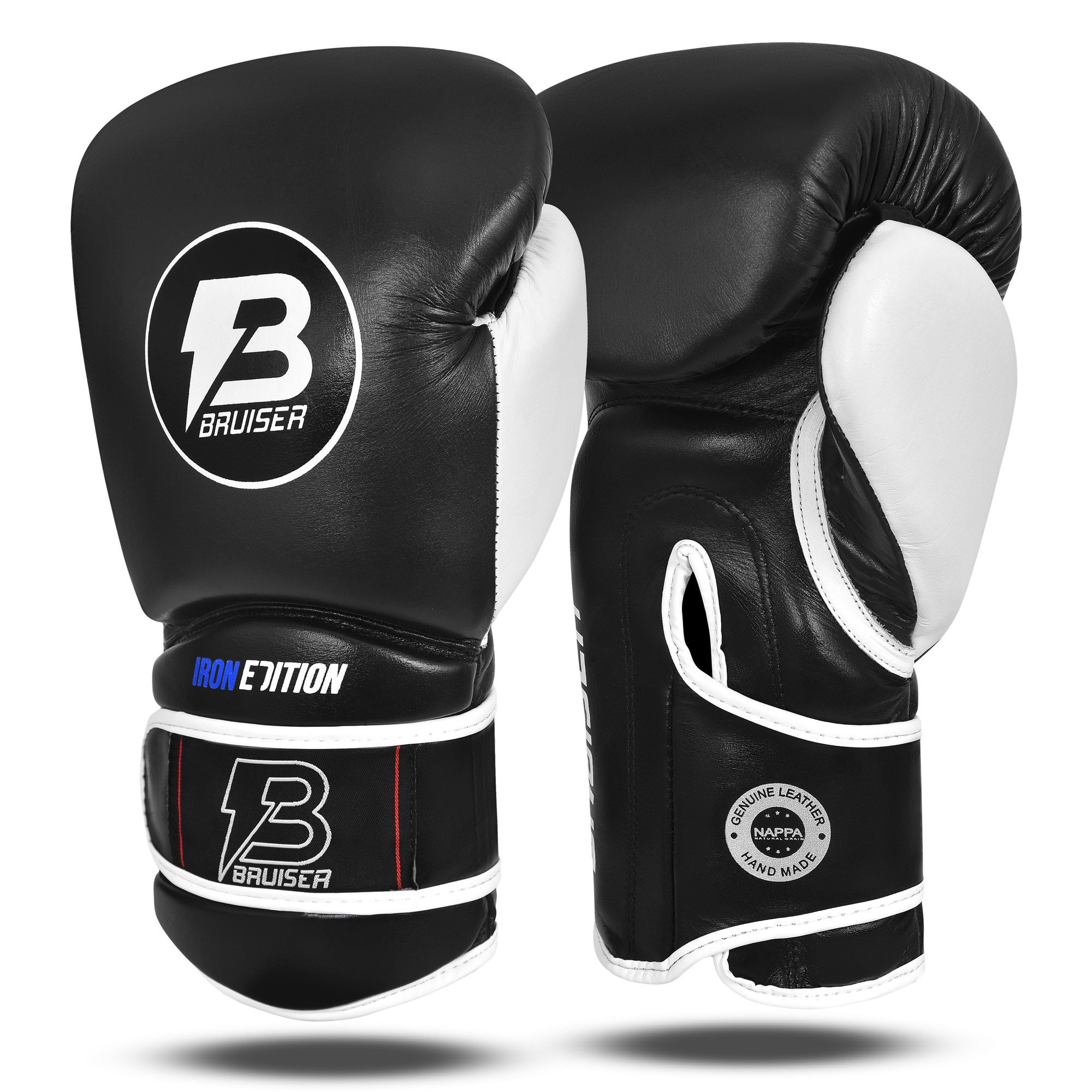 Guantes de boxeo marca Bruiser color negro. Logo Bruiser en el centro. Hecho de piel de vaca con relleno promolded. Manguito curvo. Para entrenamiento diario. 