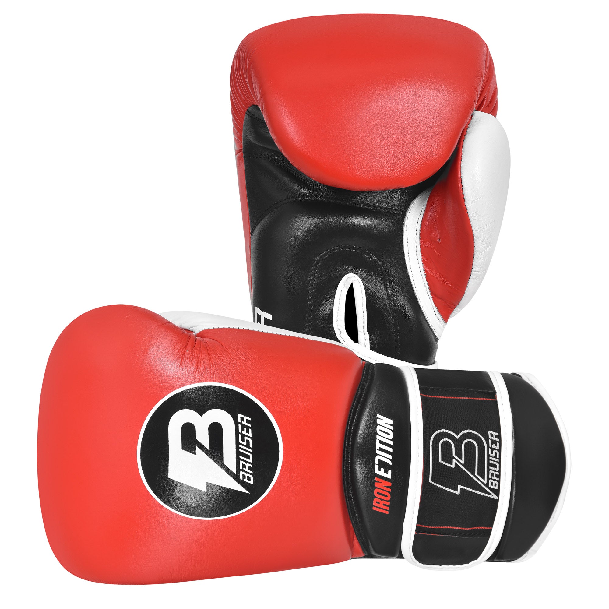 Guantes de boxeo marca Bruiser de pie y estirado color rojo y negro. Logo Bruiser en el centro. Hecho de piel de vaca con relleno promolded. Manguito curvo. Para entrenamiento diario. 