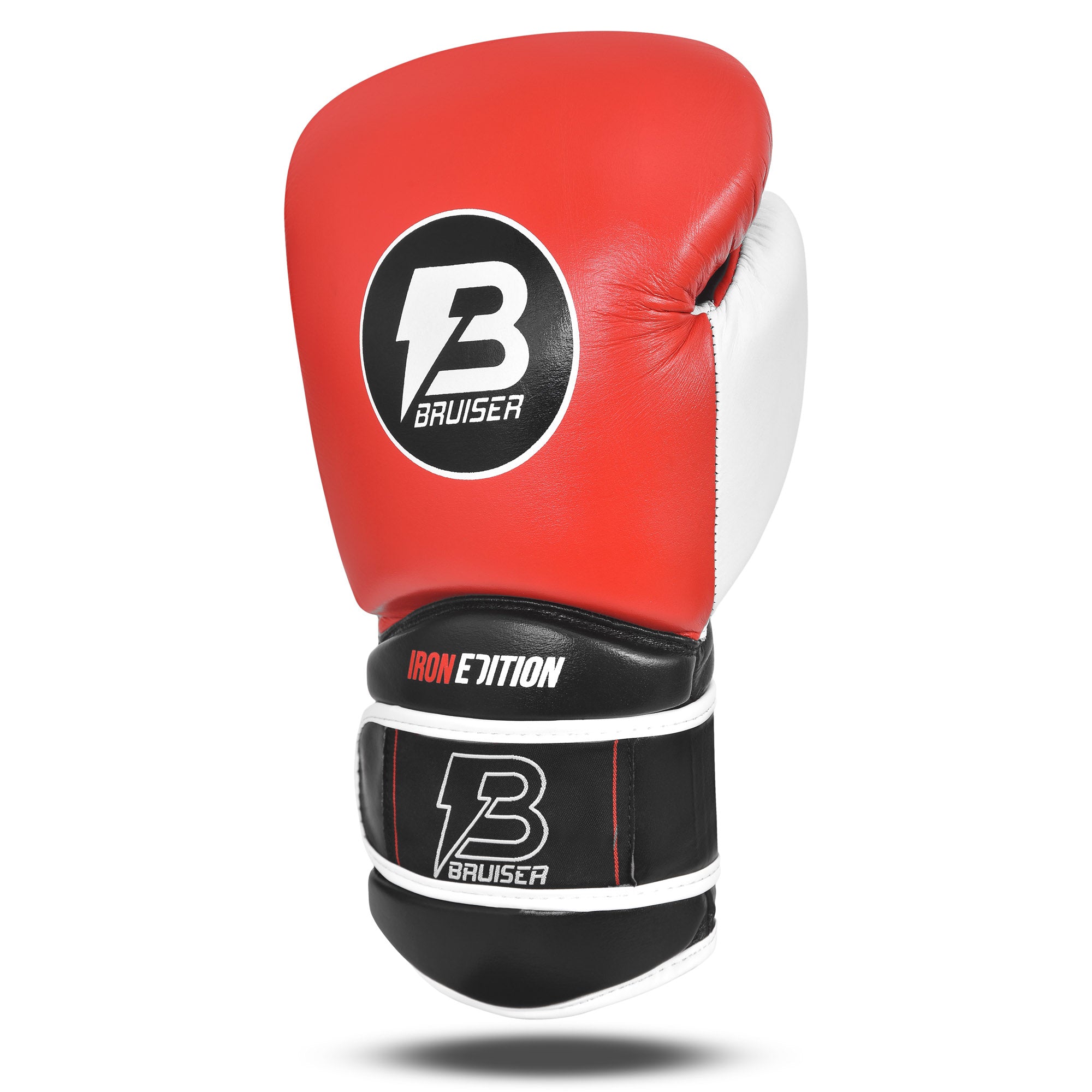 Guante de boxeo marca Bruiser color rojo y negro. Logo Bruiser en el centro. Hecho de piel de vaca con relleno promolded. Manguito curvo. Para entrenamiento diario. 