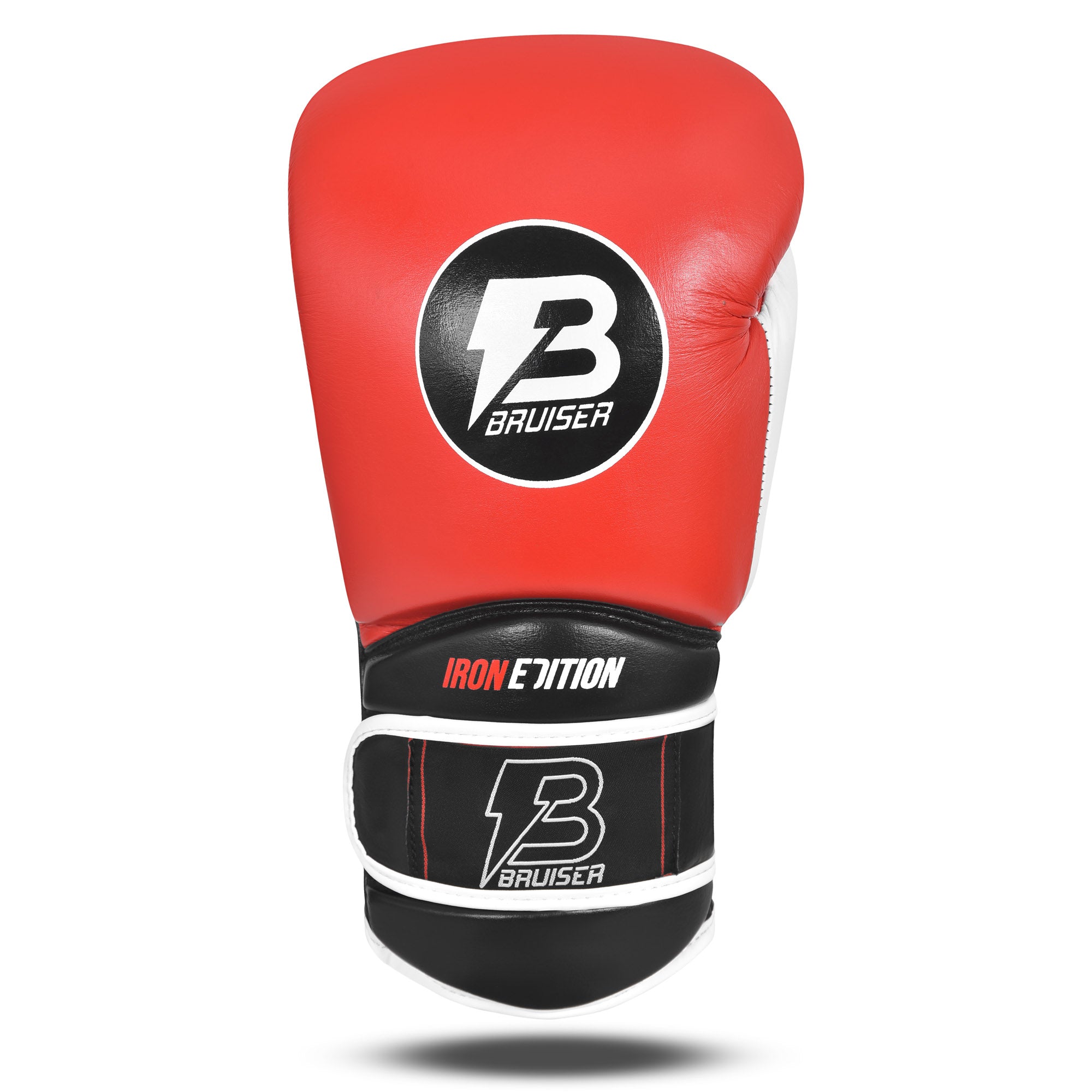 Guante de boxeo marca Bruiser color rojo y negro. Logo Bruiser en el centro. Hecho de piel de vaca con relleno promolded. Manguito curvo. Para entrenamiento diario. 