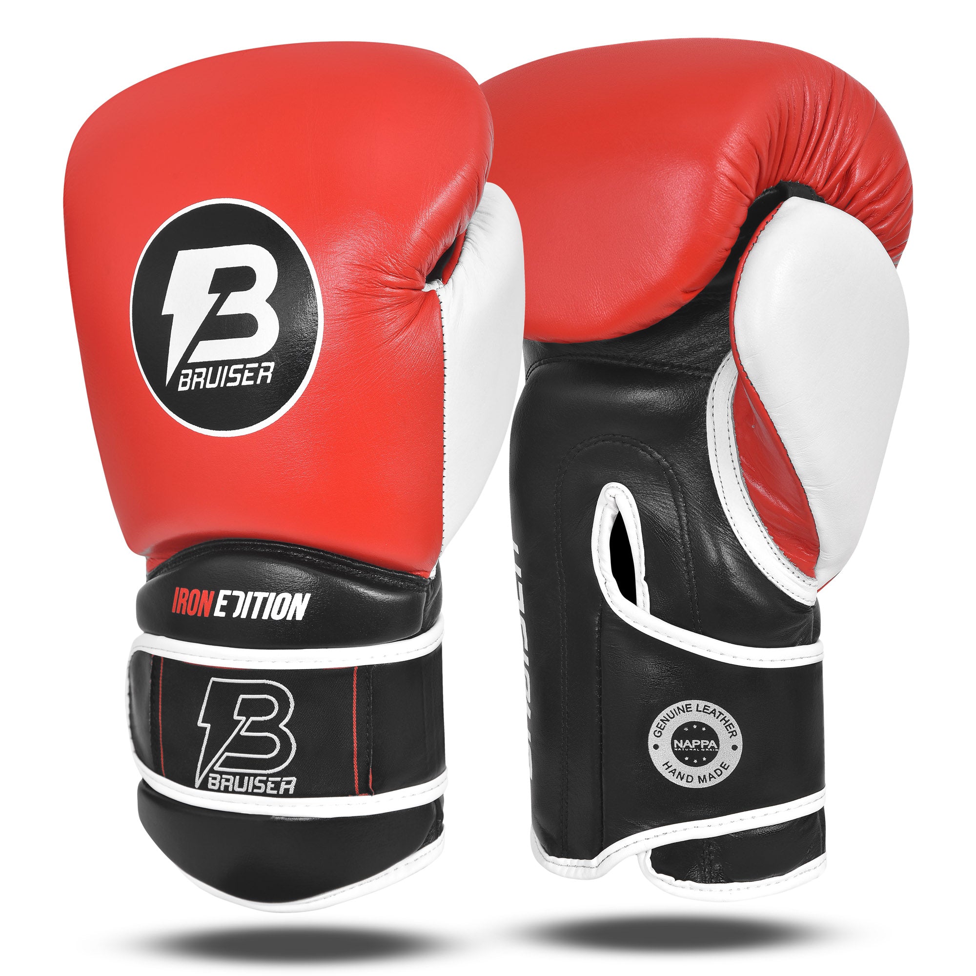 Guantes de boxeo marca Bruiser color rojo y negro. Logo Bruiser en el centro. Hecho de piel de vaca con relleno promolded. Manguito curvo. Para entrenamiento diario. 