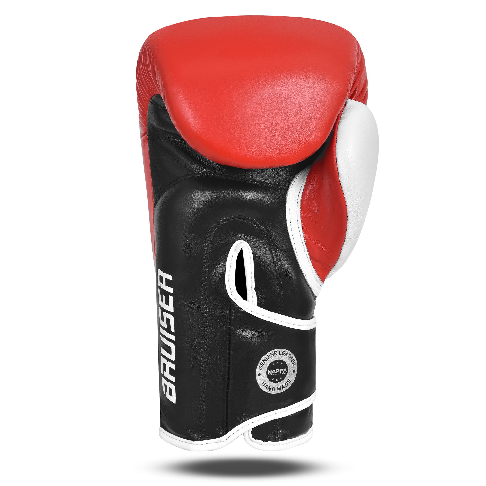 Palma de guante de boxeo marca Bruiser color rojo y negro.. Hecho de piel de vaca con relleno promolded. Manguito curvo. Para entrenamiento diario. 