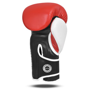 Palma de guante de boxeo marca Bruiser color rojo y negro.. Hecho de piel de vaca con relleno promolded. Manguito curvo. Para entrenamiento diario. 