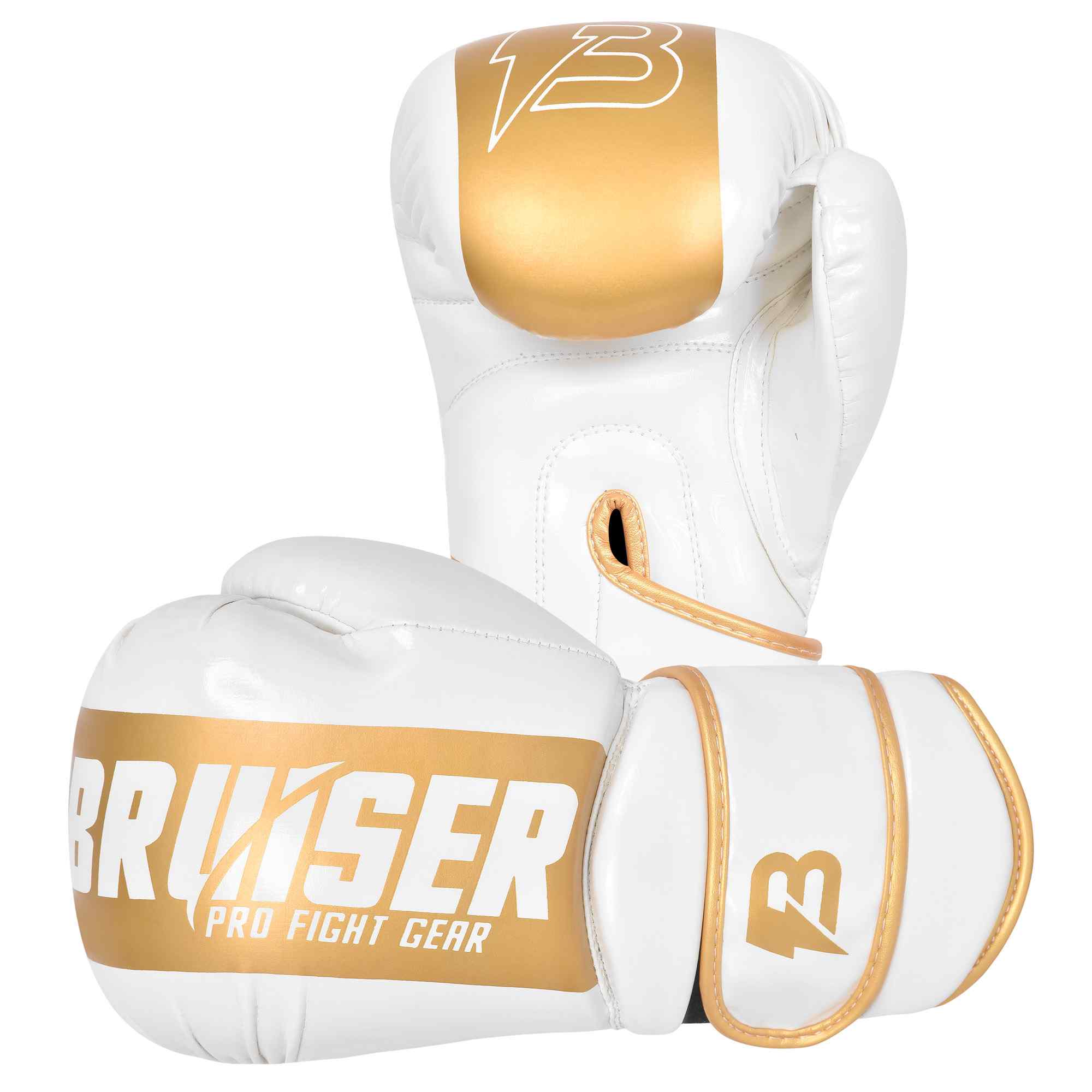 Guantes marca Bruiser color blanco y dorado estirado y de pie. Logo en vertical en el centro. Hechos de polipiel con acolchado absorbente. Imagen frontal. 