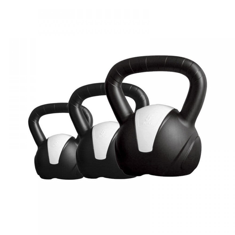 Pesas Kettlebell Bruiser color negro y blanco. Hechas de plástico de alta calidad con asa cómoda. De 5kg, 8kg y 12kg.