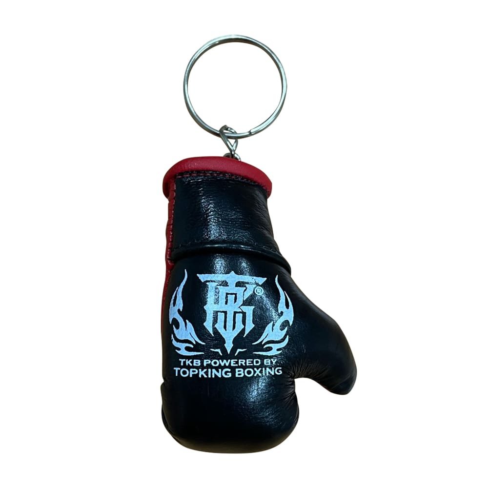 Llavero Mini Guantes Top King color negro con logo en azul. 