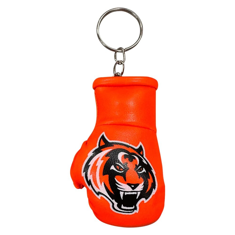 Llavero mini guante naranja Tiger. Logo Tiger en el centro. Hecho de iel sintética. 