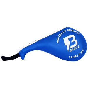 Mitt Doble Bruiser color azul. Logo blanco en el centro. Hecho de piel artificial con relleno de espuma. Para artes marciales y deportes de contacto. Perfil derecho.