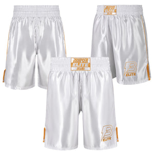 Pantalón boxeo Bruiser color blanco bordado con detalles dorados. Logo Bruiser en parte izquierda y cintura. Hecho con materiales ligeros y resistentes. Cómodos con ventilación. Imagen frontal.