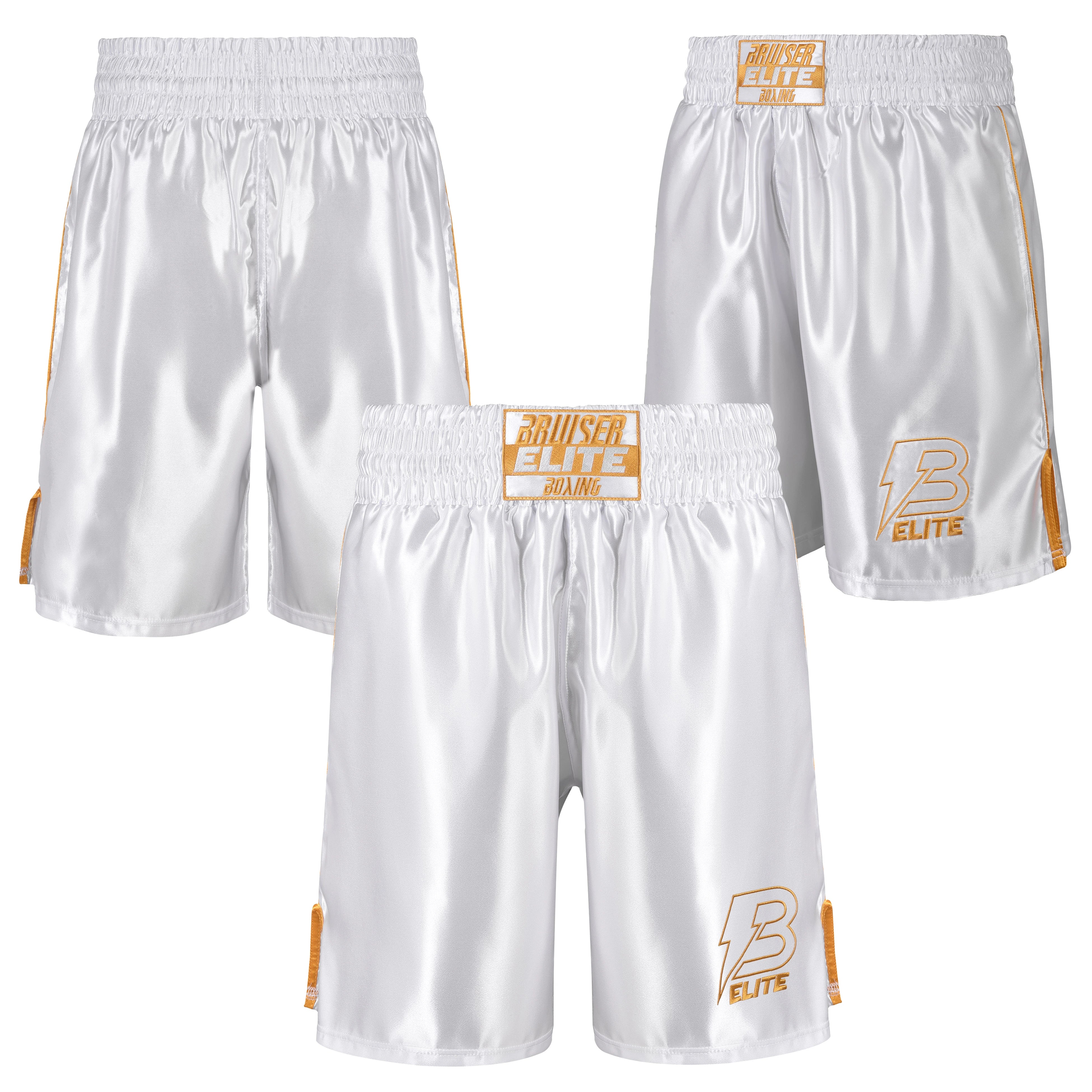 Pantalón boxeo Bruiser color blanco bordado con detalles dorados. Logo Bruiser en parte izquierda y cintura. Hecho con materiales ligeros y resistentes. Cómodos con ventilación. Imagen frontal.