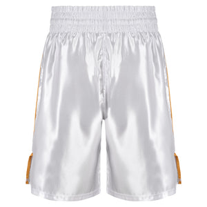 Pantalón boxeo Bruiser color blanco bordado con detalles dorados. Hecho con materiales ligeros y resistentes. Cómodos con ventilación. Imagen trasera.