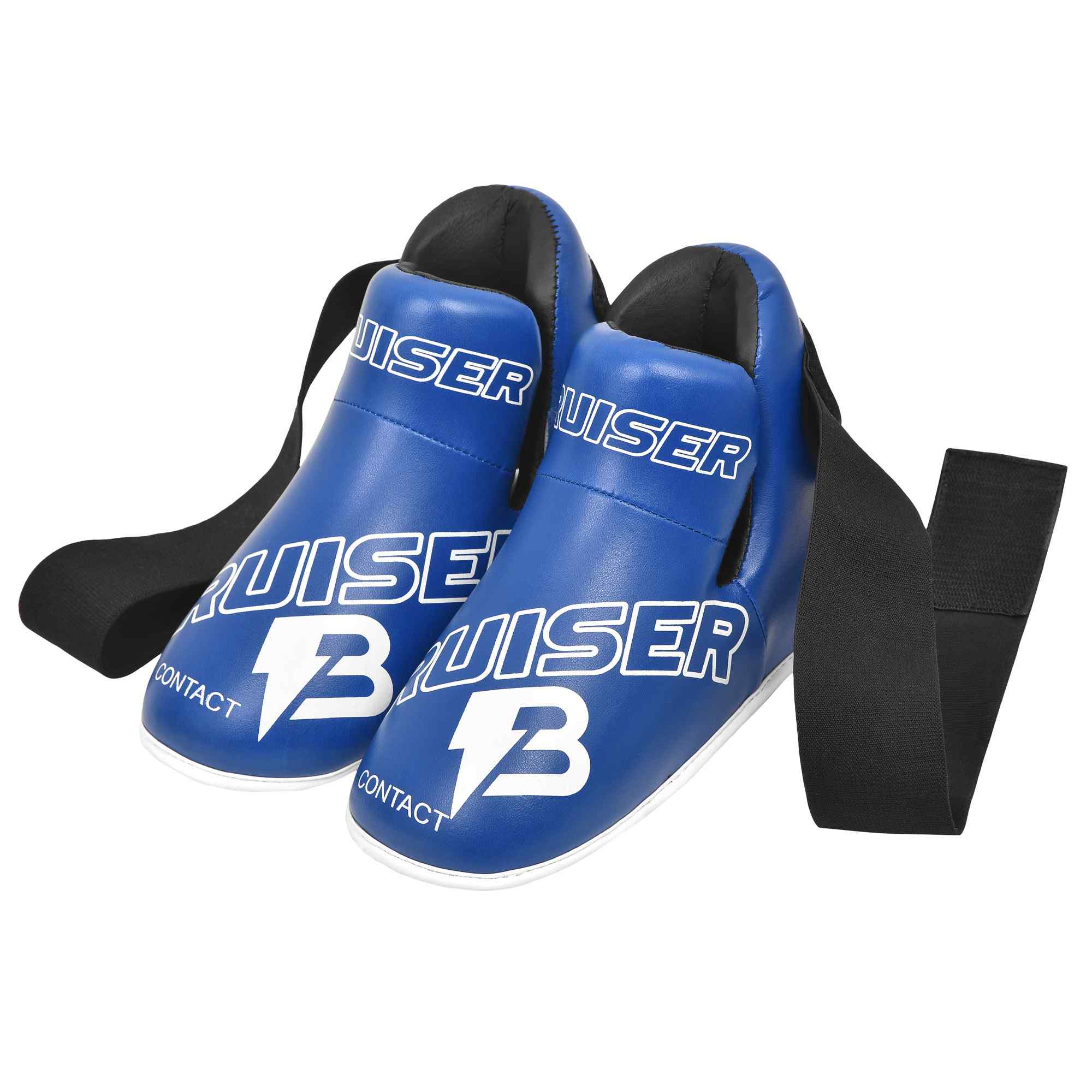 Protectores de pie "Bruiser" color azul para kickboxing, taekwondo o muay thai. Hechos de polipiel Sistema de sujeción con elástico y cierre de velcro. Perfil izquierdo.