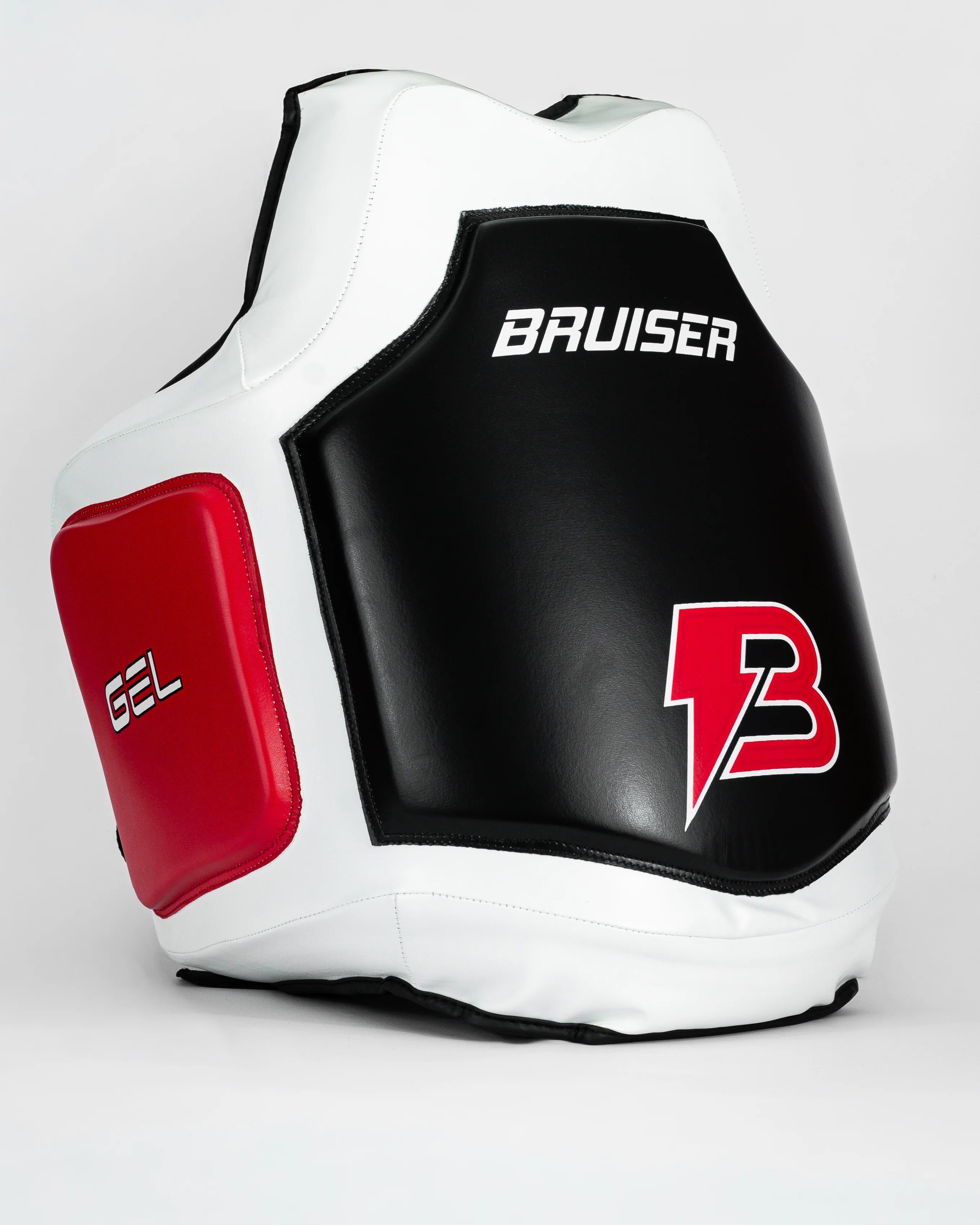 Ventral "Bruiser" color blanco negro y rojo, con logo en la parte frontal. "GEL" escrito en los laterales. Ajuste al cuerpo y velcro reforzado. Imagen perfil derecho.  