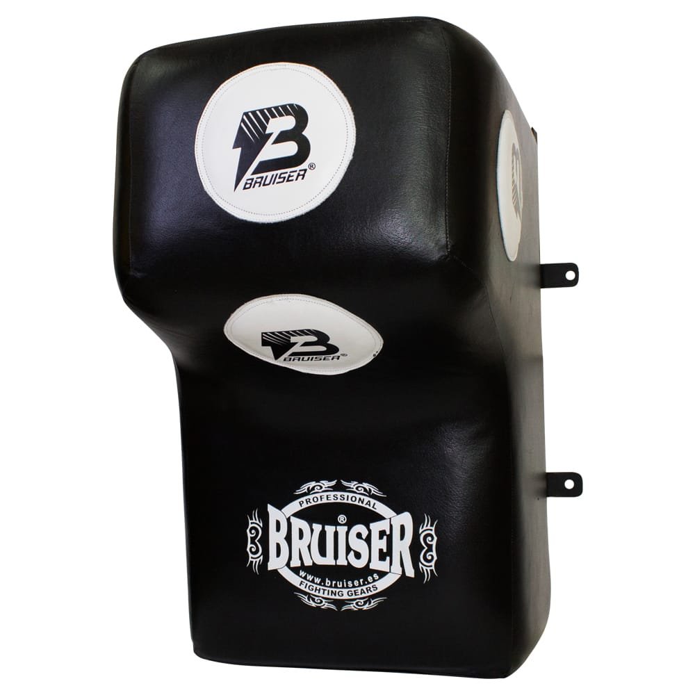 Silueta de pared marca Bruiser color negro con detalles blancos Logo en el centro. Hecha de piel de búfalo con un peso de 15kg. Para gimnasio o uso particular. Imagen frontal.  