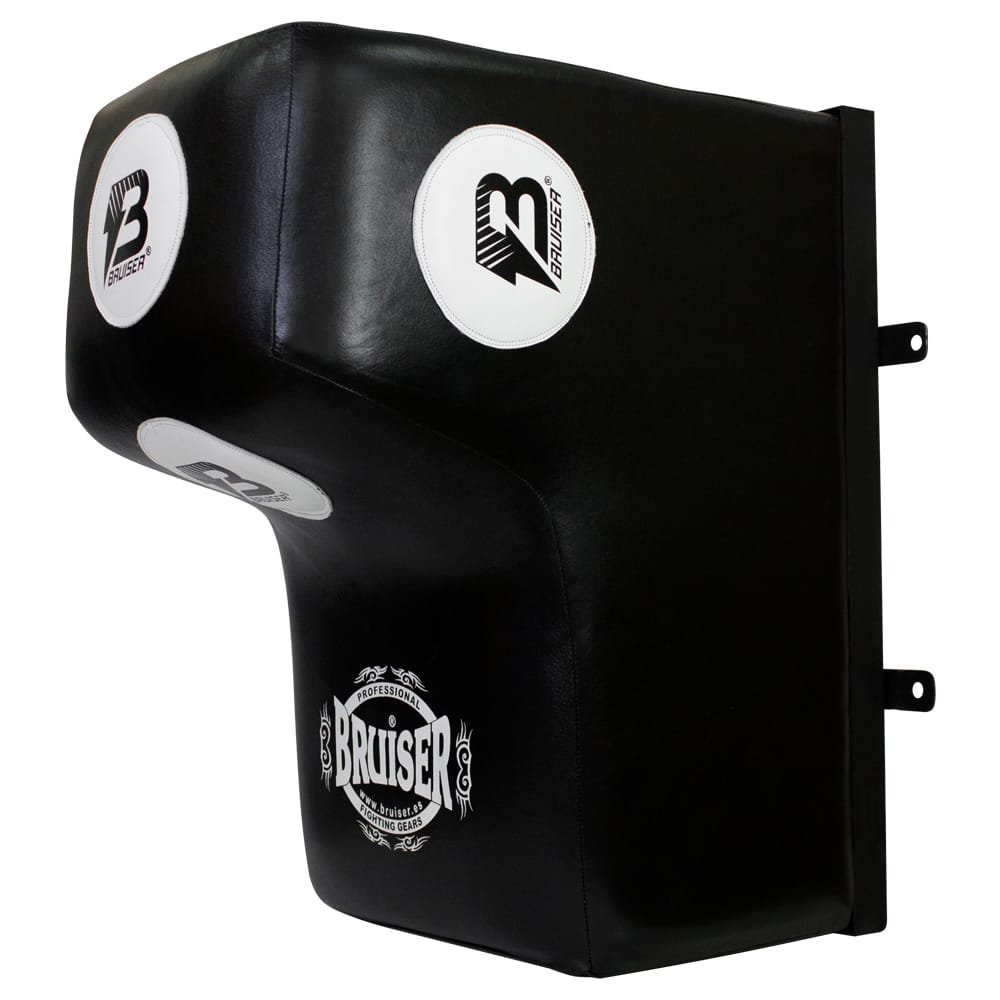 Silueta de pared marca Bruiser color negro con detalles blancos Logo en el centro. Hecha de piel de búfalo con un peso de 15kg. Para gimnasio o uso particular. Perfil izquierdo. 
