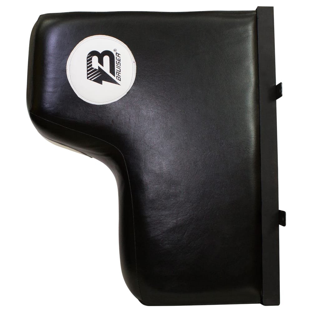 Silueta de pared marca Bruiser color negro con detalles blancos Logo en el centro. Hecha de piel de búfalo con un peso de 15kg. Para gimnasio o uso particular. Perfil izquierdo.  