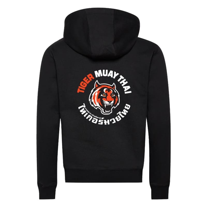 Parte trasera sudadera con capucha Tiger color negro. Logo Tiger en grande en espalda. Imagen frontal. 