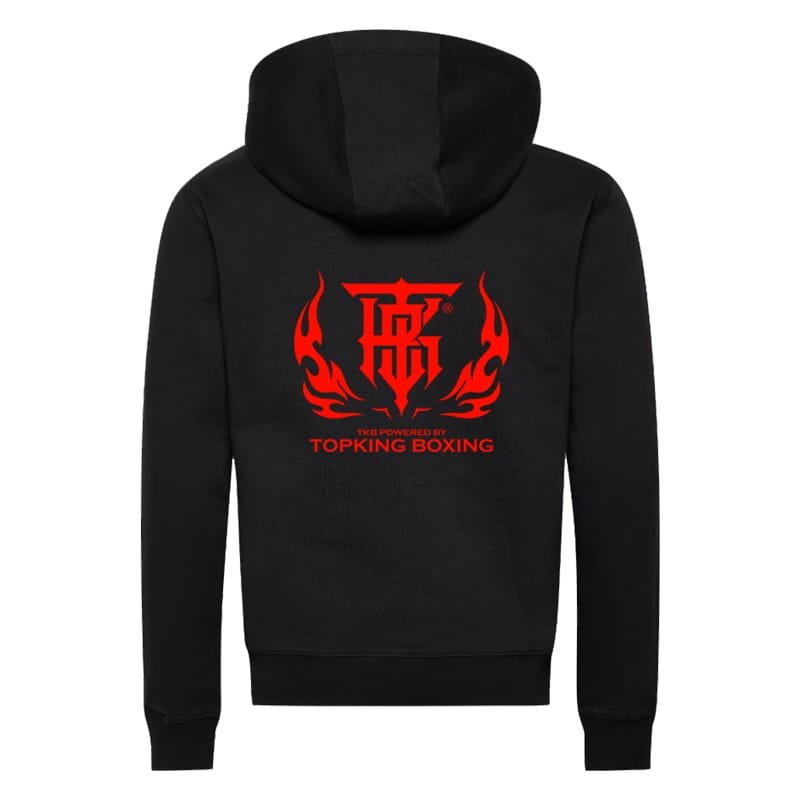 Parte trasera sudadera con capucha Top King color negro con detalles rojos. Logo Top King en grande en espalda color rojo. Imagen trasera. 