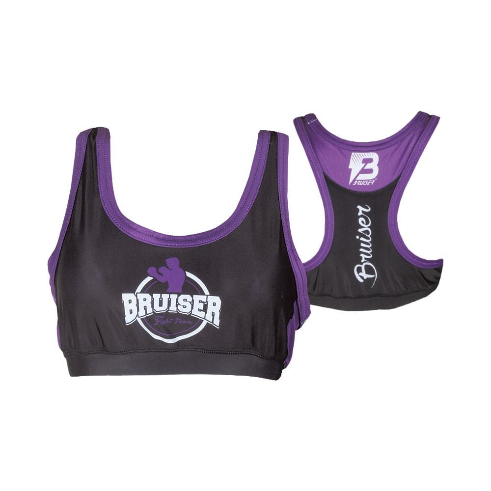 Sujetador Bruiser por delante y por detrás color negro y morado. Logo en el centro. Para práctica deportiva.