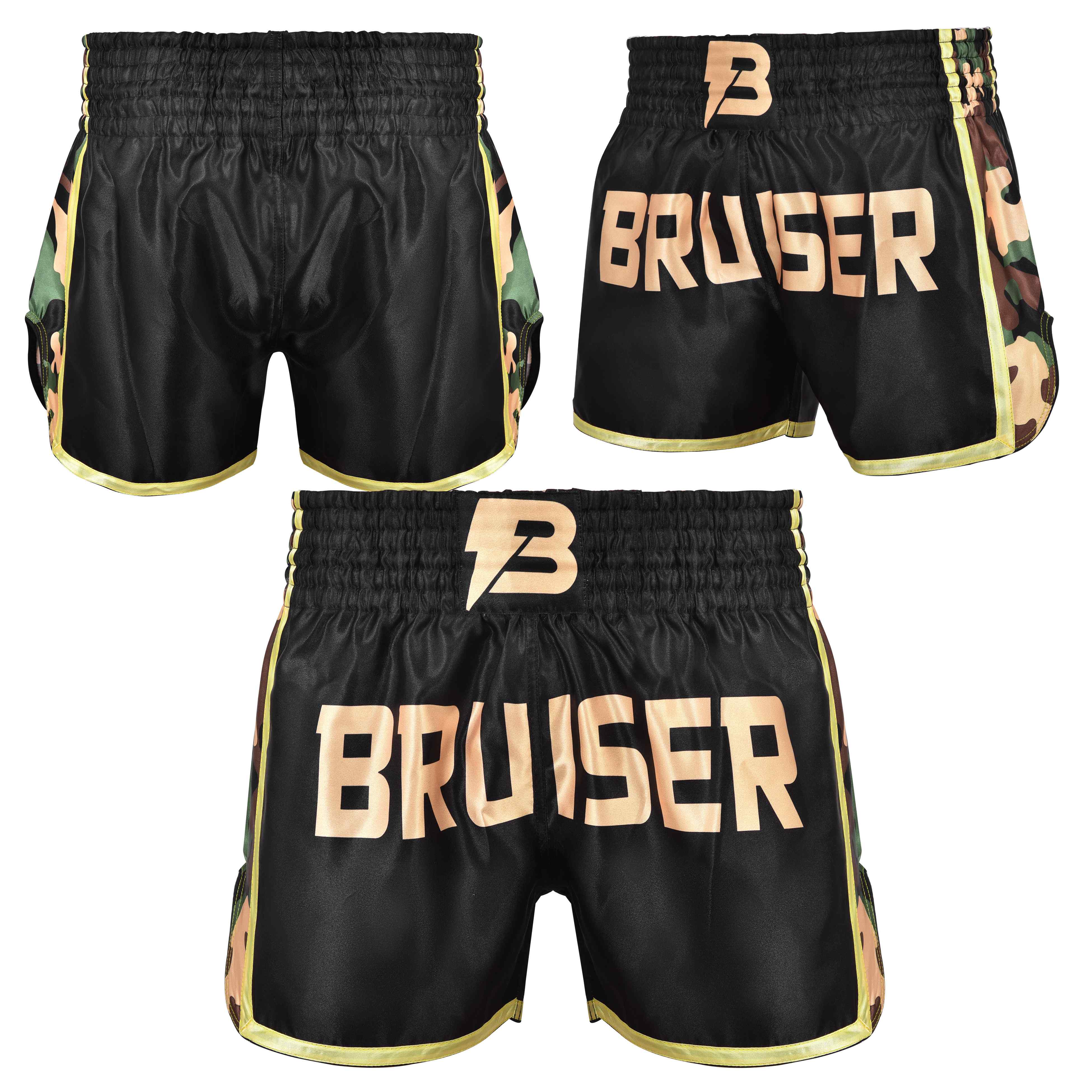 Short de Muay Thai "Bruiser" satén color negro con detalles dorados y diseño camuflaje. Logo en el centro y cintura elástica. Diseño camuflaje a los lados. Foto frontal y trasera. 